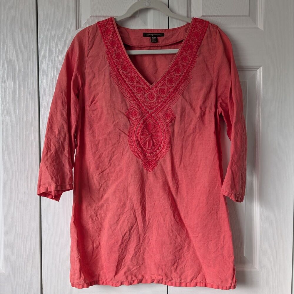 Tommy Bahama Coral Pink 100% Linen Tunic Top Embroidered 3/4 Sleeve Top Medium
